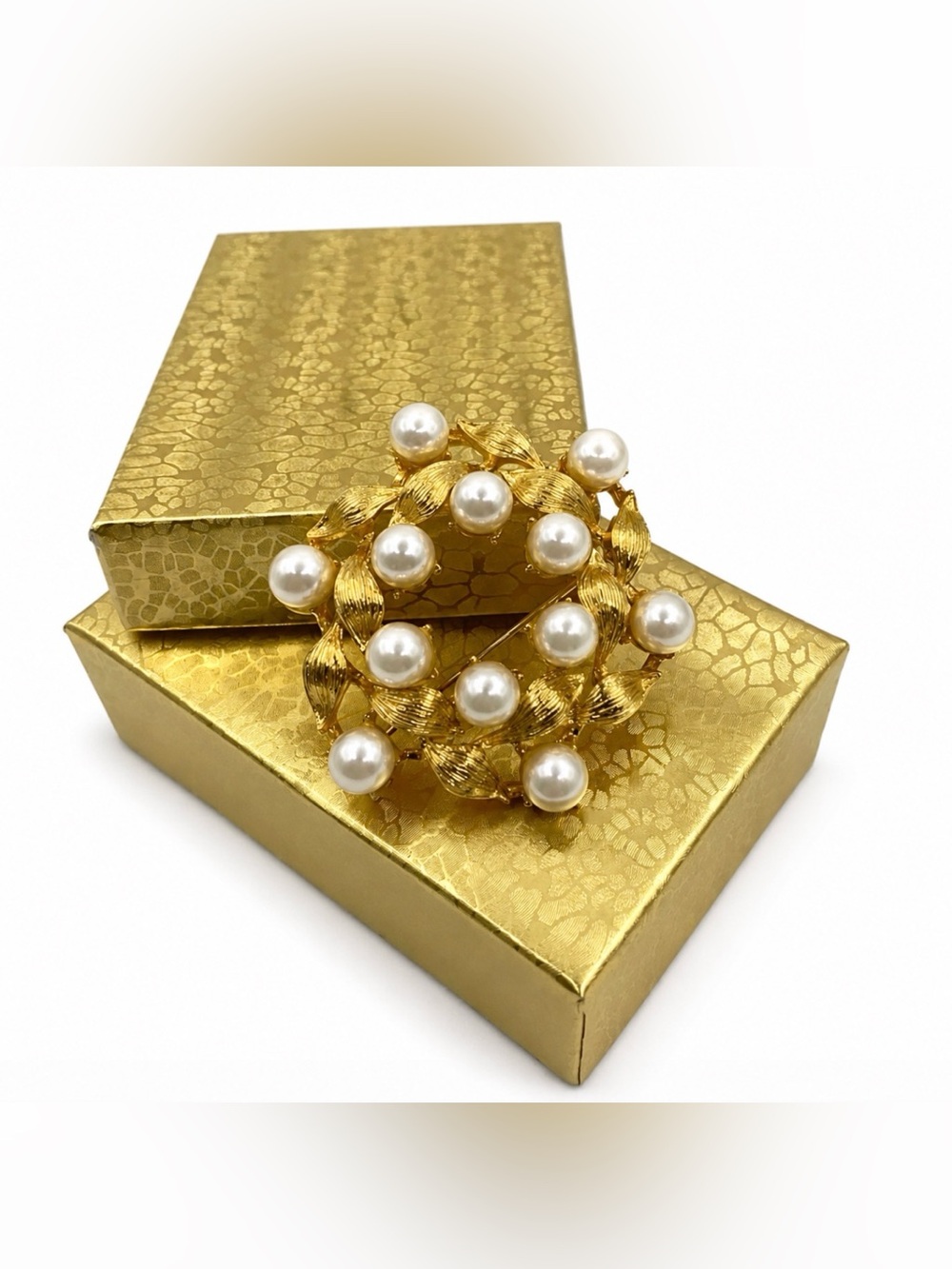 Napier Gold Tone Faux Pearl Leaf Brooch